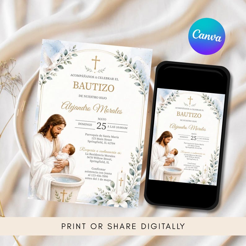 Plantilla de Invitación de Bautizo en Acuarela Azul, Invitación de Bautismo de Jesús Editable, Canva 5x7, Descarga Digital Imprimible bild 2