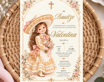 Spanish Baptism Invitation Template, Charro Girl Bautizo Invite, Canva Editable, Mexican Catholic Christening, Digital Download