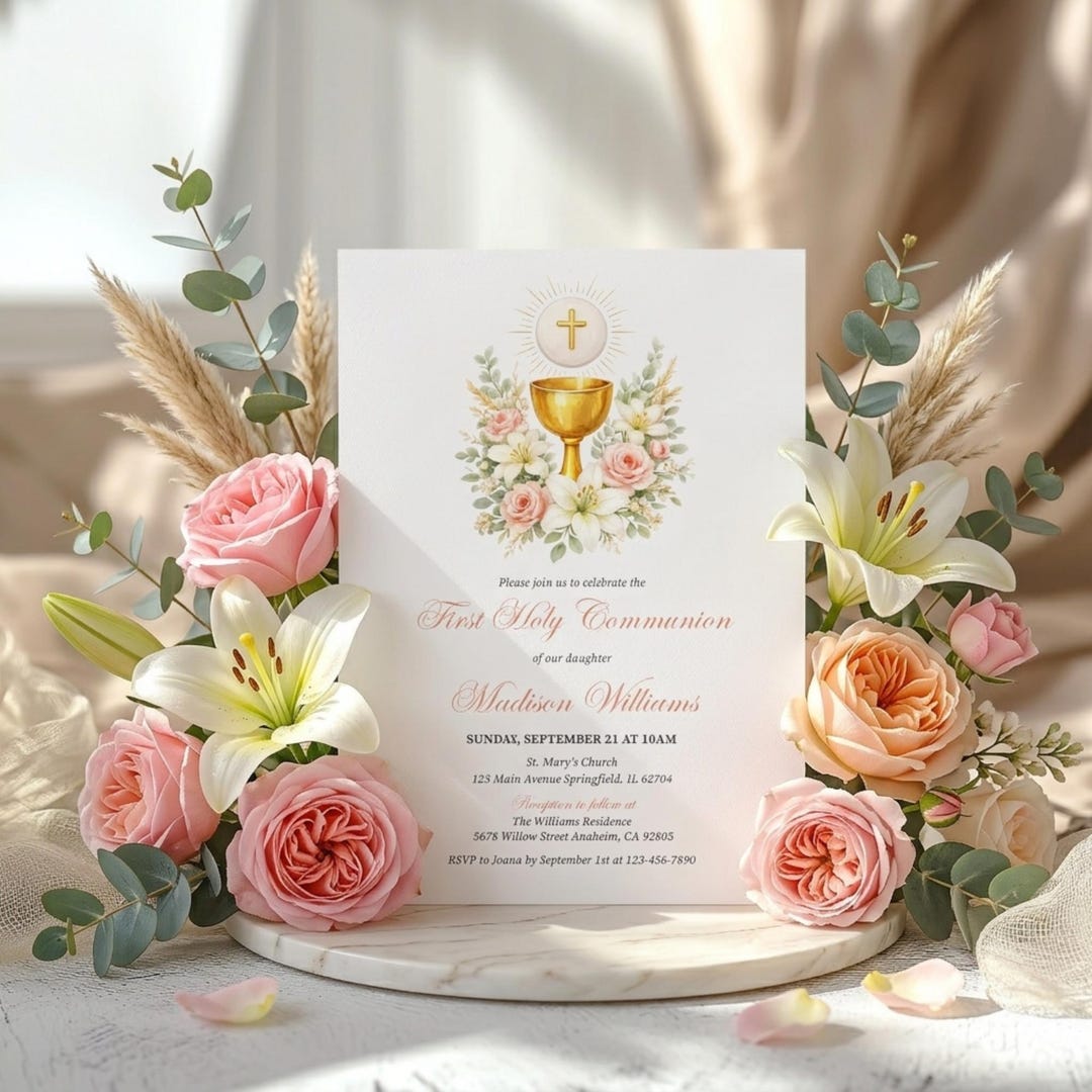 Floral First Holy Communion Invitation Template Girl, Editable Gold ...