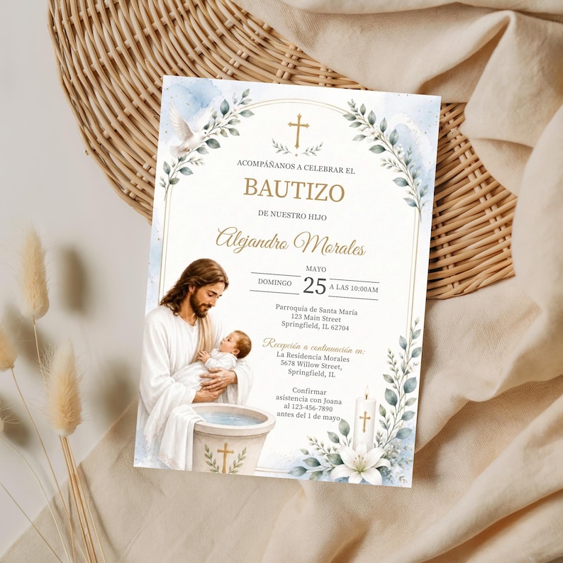 Plantilla de Invitación de Bautizo en Acuarela Azul, Invitación de Bautismo de Jesús Editable, Canva 5x7, Descarga Digital Imprimible bild 11