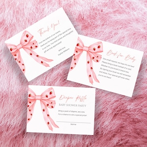 Lot de cartes pour baby shower avec noeud aux fraises, livres pour bébé, tombola de couches, carte de remerciement, arrivée douce avec des baies coquette bébé fille