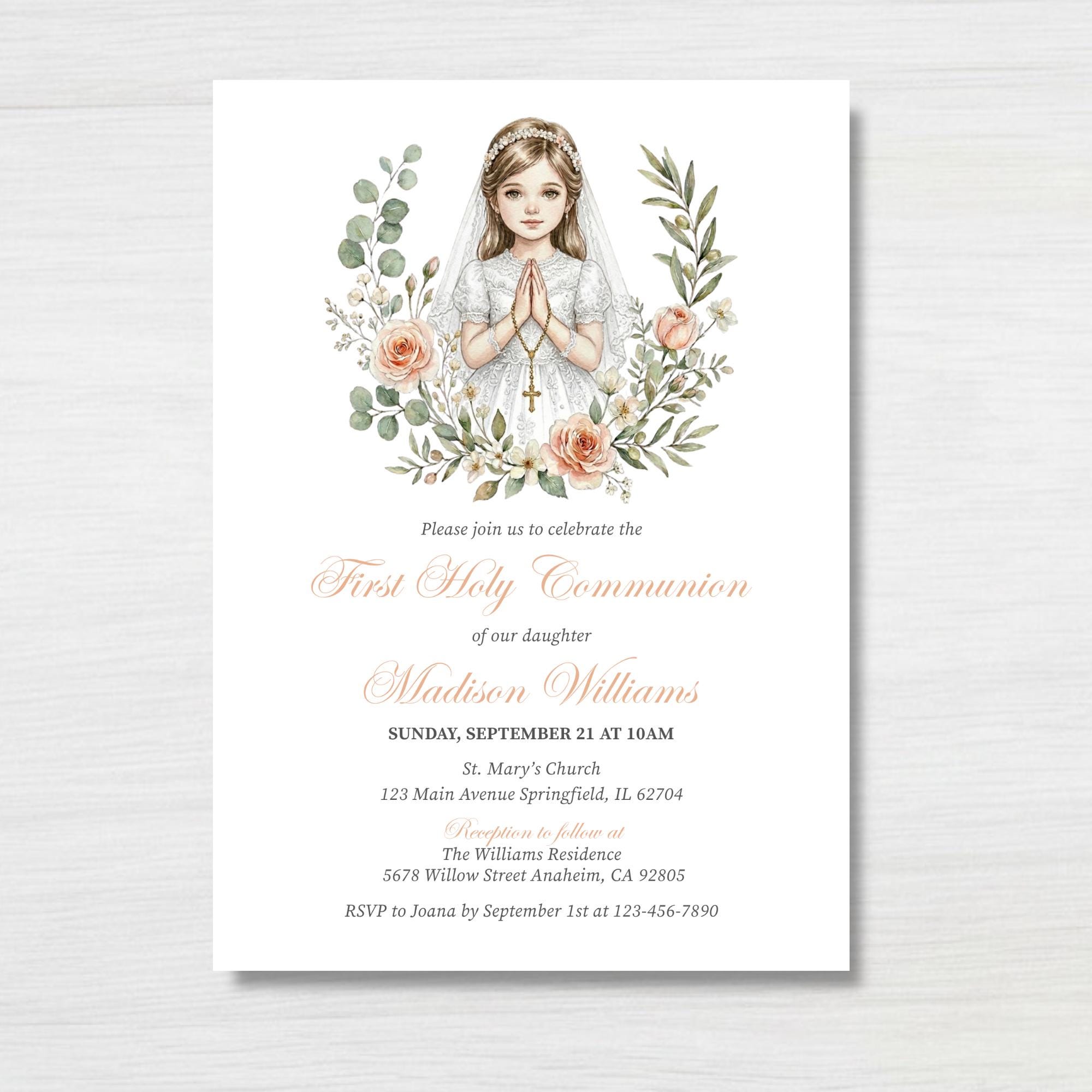 First Holy Communion Invitation Girl, Floral Communion Invite Template ...