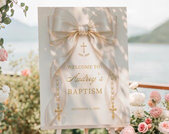 Ivory Bow Baptism Welcome Sign Template, Catholic Christening Decor,  Printable Baptism Poster, Canva Digital Download, 16x20, 18x24, 24x36