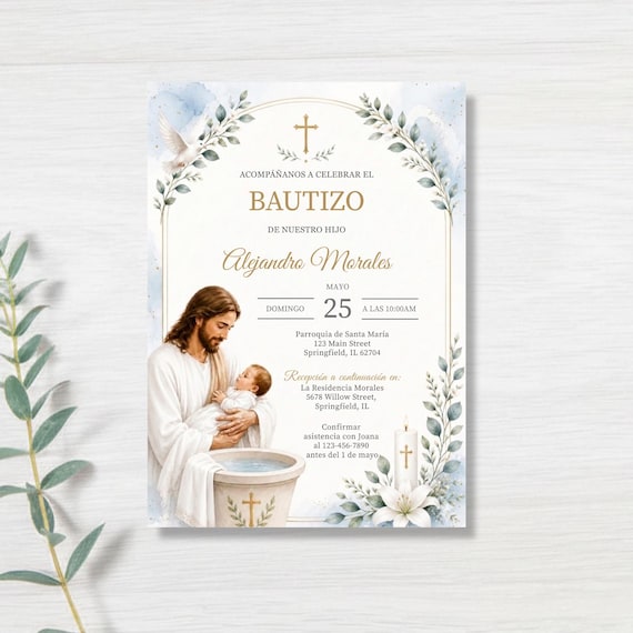 Plantilla de Invitación de Bautizo en Acuarela Azul, Invitación de Bautismo de Jesús Editable, Canva 5x7, Descarga Digital Imprimible