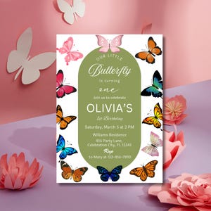 Butterfly 1e verjaardagsuitnodiging: bewerkbare sjabloon (digitale download)