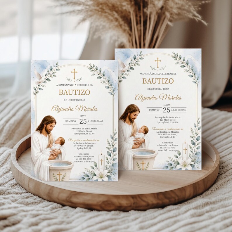 Plantilla de Invitación de Bautizo en Acuarela Azul, Invitación de Bautismo de Jesús Editable, Canva 5x7, Descarga Digital Imprimible bild 5