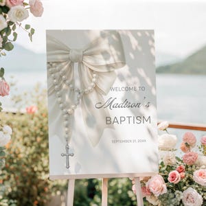 Elegant Baptism Welcome Sign Template | Pearl Rosary & White Bow Christening Poster | Religious Dedication Decor | Editable Canva Digital