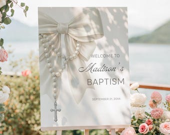 Elegant Baptism Welcome Sign Template | Pearl Rosary & White Bow Christening Poster | Religious Dedication Decor | Editable Canva Digital