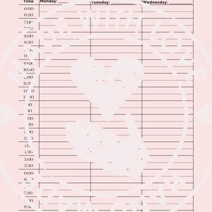 Może przedstawiać: Różowy tygodniowy planer z motywem serca w tle. Planer podzielony jest na przedziały czasowe od 6:00 do 21:30, z sekcjami na każdy dzień tygodnia. Tytuł "Weekly Planner" znajduje się na górze.