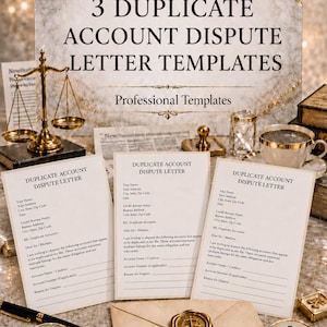Peut inclure: Trois modèles de lettre de contestation de compte en double avec texte noir sur papier blanc. Les documents incluent des champs pour le nom, l'adresse et les détails du compte. Une balance de justice dorée, un stylo et une enveloppe scellée sont présents.