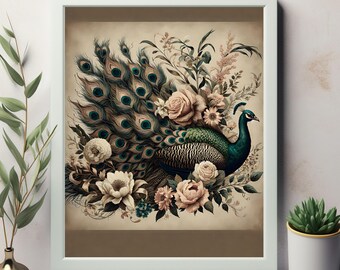 Vintage Peacock Wall Art Printable  -Vintage Wall Art Print - Peacock Feathers Digital Print - PNG Instant Download