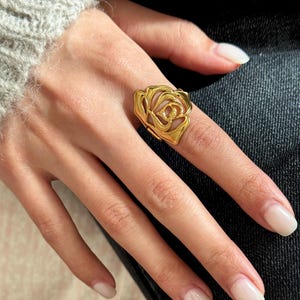 Chunky Gold Rose Adjustable Ring: Stainless Steel Statement Flower Jewelry