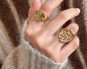 Chunky Gold Rose Adjustable Ring: Stainless Steel Statement Flower Jewelry