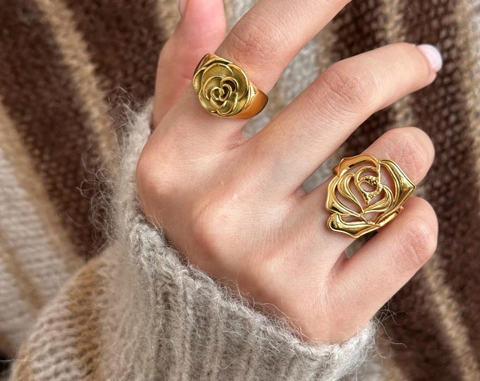 Chunky Gold Rose Adjustable Ring: Stainless Steel Statement Flower Jewelry