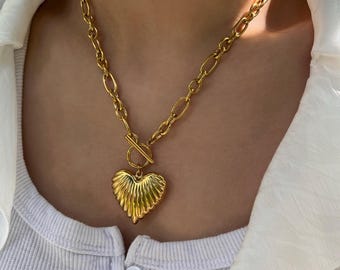 18k gouden dikke hartketting: roestvrijstalen kapittelsluiting