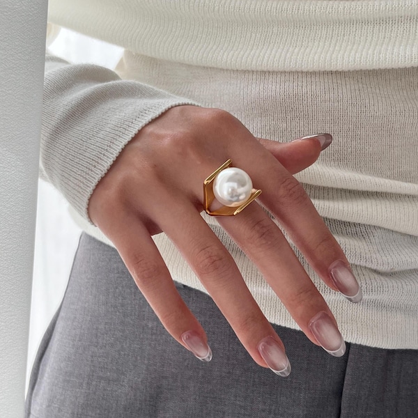 Giant Pearl Ring: 18K Gold Plated Chunky Minimalist Statement Jewelry