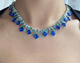 Gargantilha de cristal azul safira: colar com strass estilo vintage