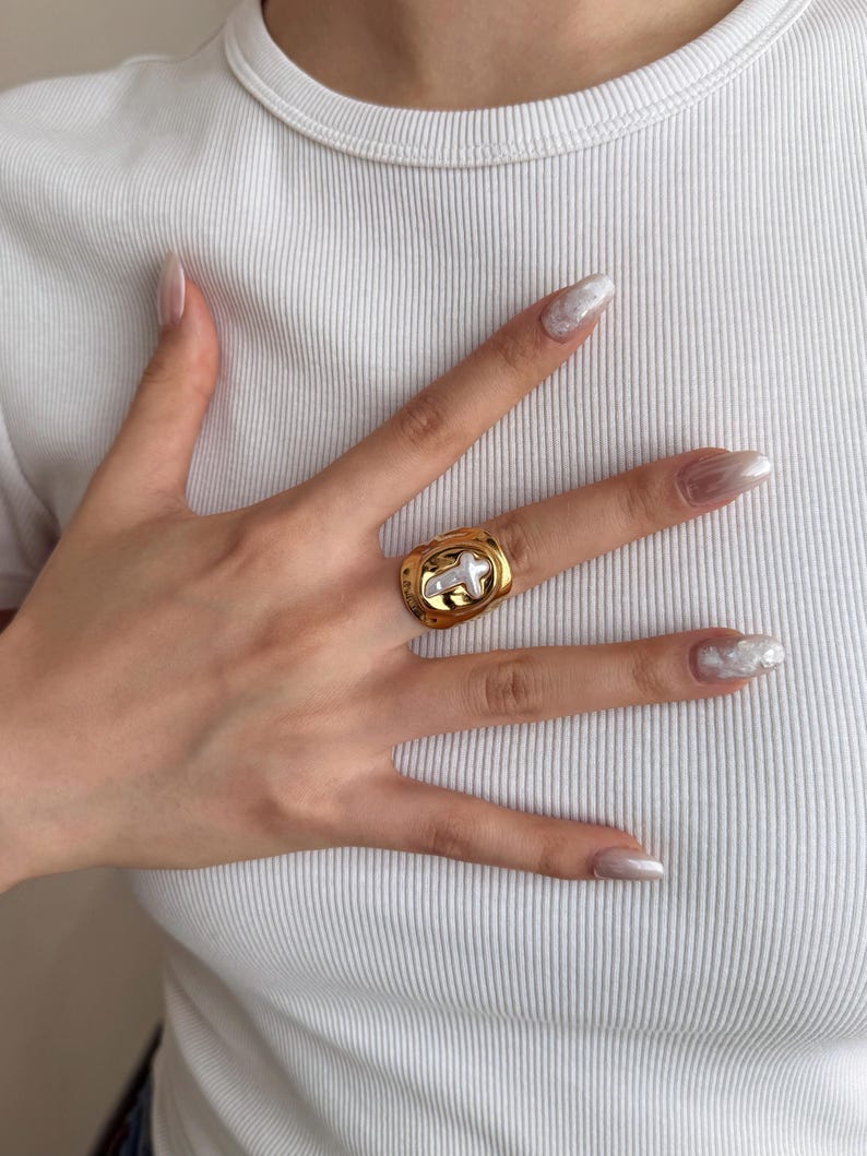 Chunky Cross Pearl Wide Band Statement Summer Bold Ring Y2k Retro ...