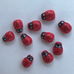 May include: A collection of ten small, rounded wooden beads shaped like ladybugs. Each bead is painted bright red with a black head, a thin black line down the center of the back, and several small black dots scattered across the red surface.