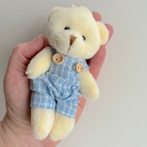 May include: A small, cream-colored teddy bear wearing blue and white checkered overalls with two brown buttons. The bear is held in a hand.