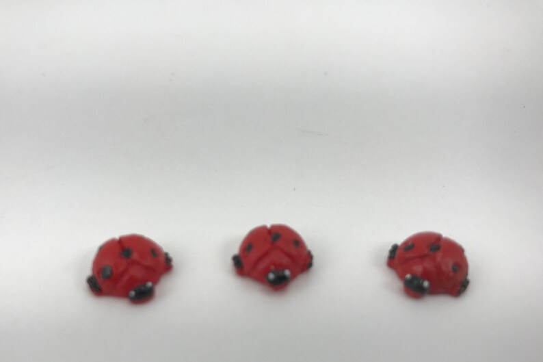 May include: Three small, red ladybug-shaped buttons or charms arranged in a horizontal row. Each ladybug features a smooth, rounded red body with distinct black spots and a small black head detail, creating a uniform set of three insect figures.