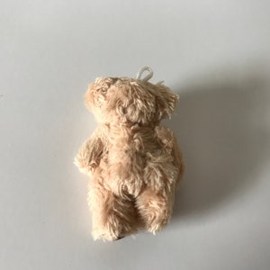 May include: A small, beige teddy bear with a white string attached to its head.