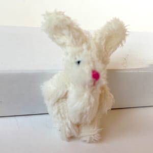 K&ouml;nnte beinhalten: Ein kleiner wei&szlig;er Pl&uuml;schhase mit rosa Nase und blauen Augen.