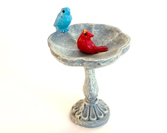 Miniature Blue Bird Bath with Cardinal Fairy Garden Dollhouse Resin Craft Red Bird