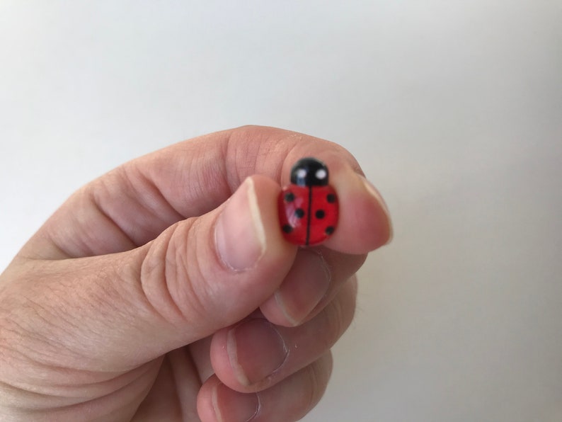 May include: A small, rounded ladybug figurine featuring a vibrant red body with distinct black spots and a black head with two white dots. The object is crafted with a smooth, glossy finish and displays a symmetrical, insect-inspired design.