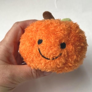 May include: A plush orange pumpkin with a smiling face, black eyes, and a black stitched mouth. The pumpkin has a brown stem and a small green leaf. The plush toy is held in a hand.