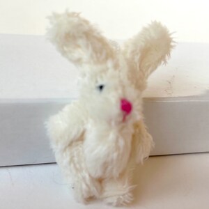 May include: A small white plush bunny with pink nose and black eyes.