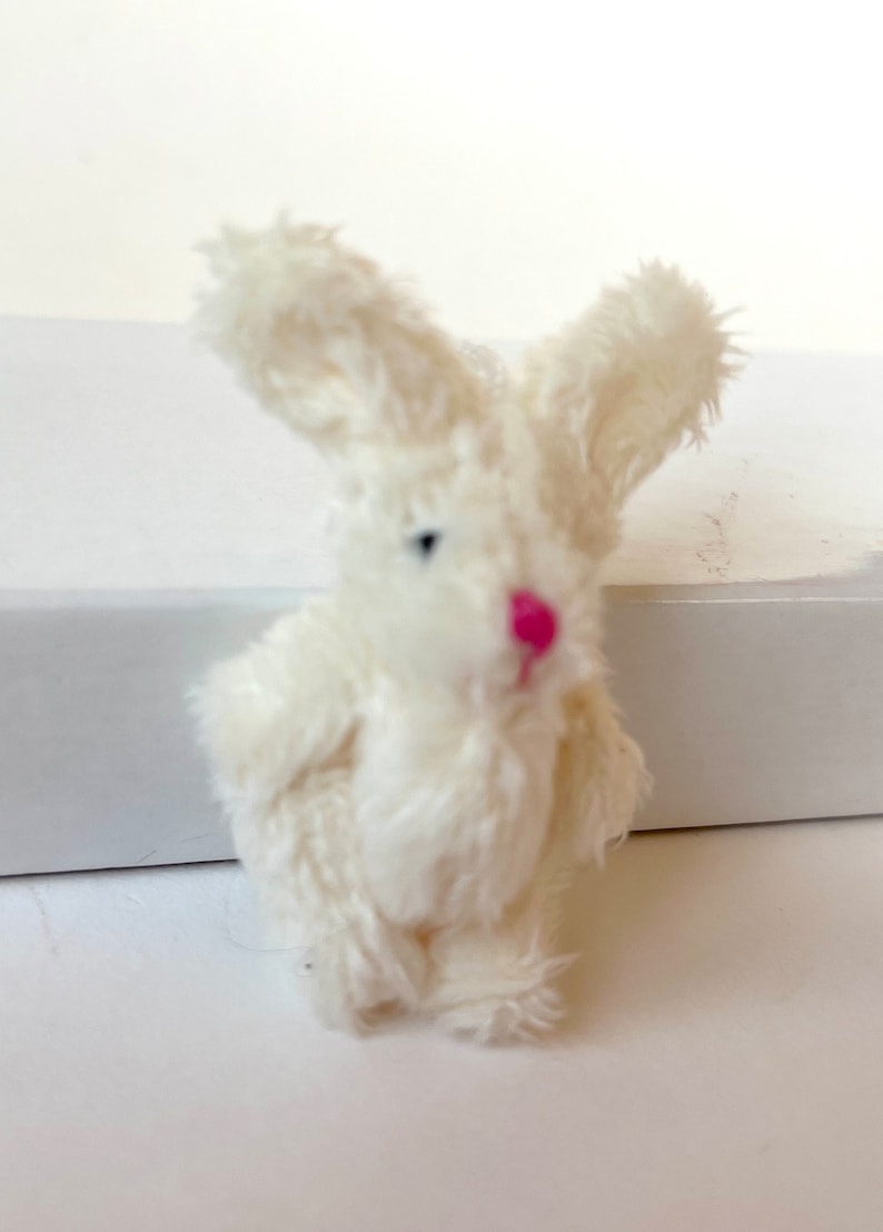 May include: A small white plush bunny with pink nose and black eyes.