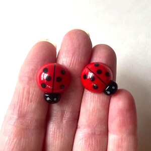 May include: A pair of ladybug-shaped stud earrings featuring a bright red domed surface with distinct black spots and a small black head section. The earrings have a smooth, glossy finish and are designed with a rounded, insect-inspired aesthetic.