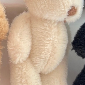 May include: A small, white, plush teddy bear with brown accents. The bear is sitting on a white surface.