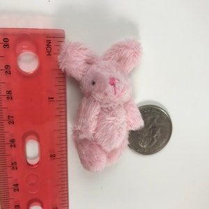K&ouml;nnte beinhalten: Ein kleines rosa Pl&uuml;schkaninchen, etwa so gro&szlig; wie eine US-amerikanische 25-Cent-M&uuml;nze, mit einer schwarzen Nase und rosa N&auml;hten f&uuml;r den Mund.