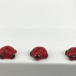 May include: Three small, red ladybug figurines with black spots and black heads. Each ladybug has a rounded, domed back and a smooth, glossy finish. The three insects are arranged in a horizontal row, showing their top and side profiles.