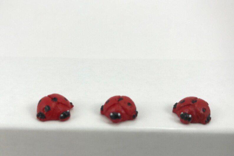 May include: Three small, red ladybug figurines with black spots and black heads. Each ladybug has a rounded, domed back and a smooth, glossy finish. The three insects are arranged in a horizontal row, showing their top and side profiles.