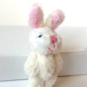 May include: A small white plush bunny with pink ears. The bunny has black eyes and a pink nose.