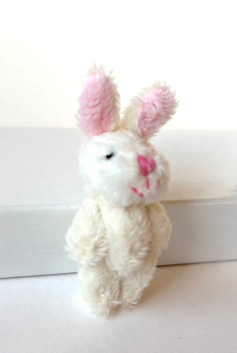 May include: A small white plush bunny with pink ears. The bunny has black eyes and a pink nose.