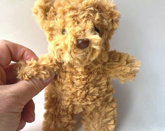 May include: A small, plush teddy bear with a light brown, fuzzy texture. The bear has a brown nose and small, dark eyes. Its arms are outstretched, and it appears to be handmade.