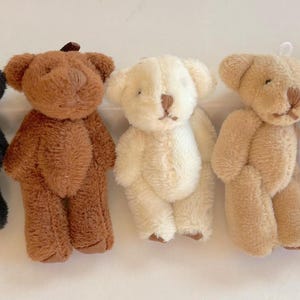 May include: Five small plush teddy bears in different colors: black, brown, white, beige, and orange. The bears are all standing upright with their arms at their sides.