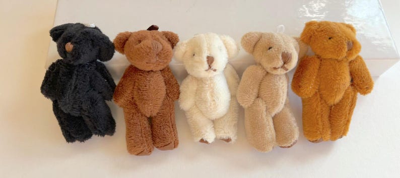 May include: Five small plush teddy bears in different colors: black, brown, white, beige, and orange. The bears are all standing upright with their arms at their sides.
