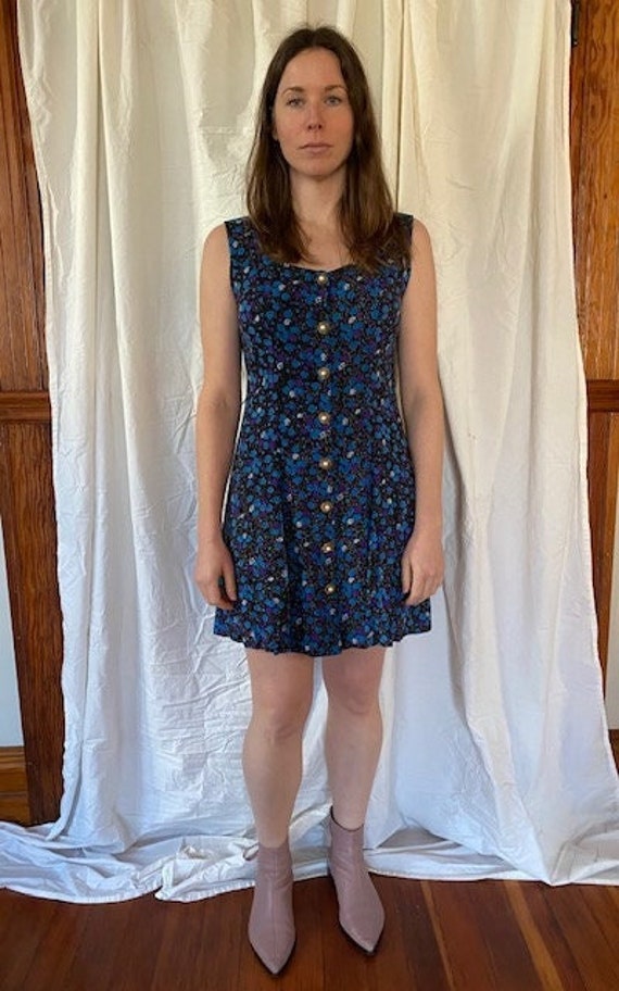 1990s rayon floral print dress with pearl buttons - image 1