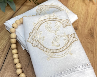 Custom Embroidered Linen Guest Towel with Vintage Monogram and Hand-Drawn Hemstitch