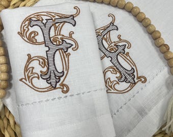 Custom Embroidered Linen Guest Towel with Vintage Monogram and Hand-Drawn Hemstitch