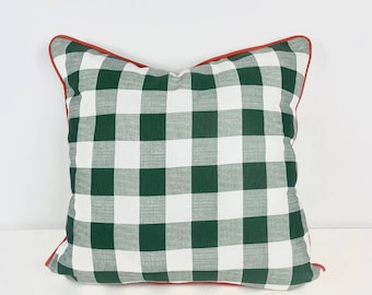 Housse de coussin à carreaux Buffalo, coussin à carreaux verts, coussin à bordure, coussin lombaire XL, coussin lombaire à carreaux Charleston, cadeau style ferme