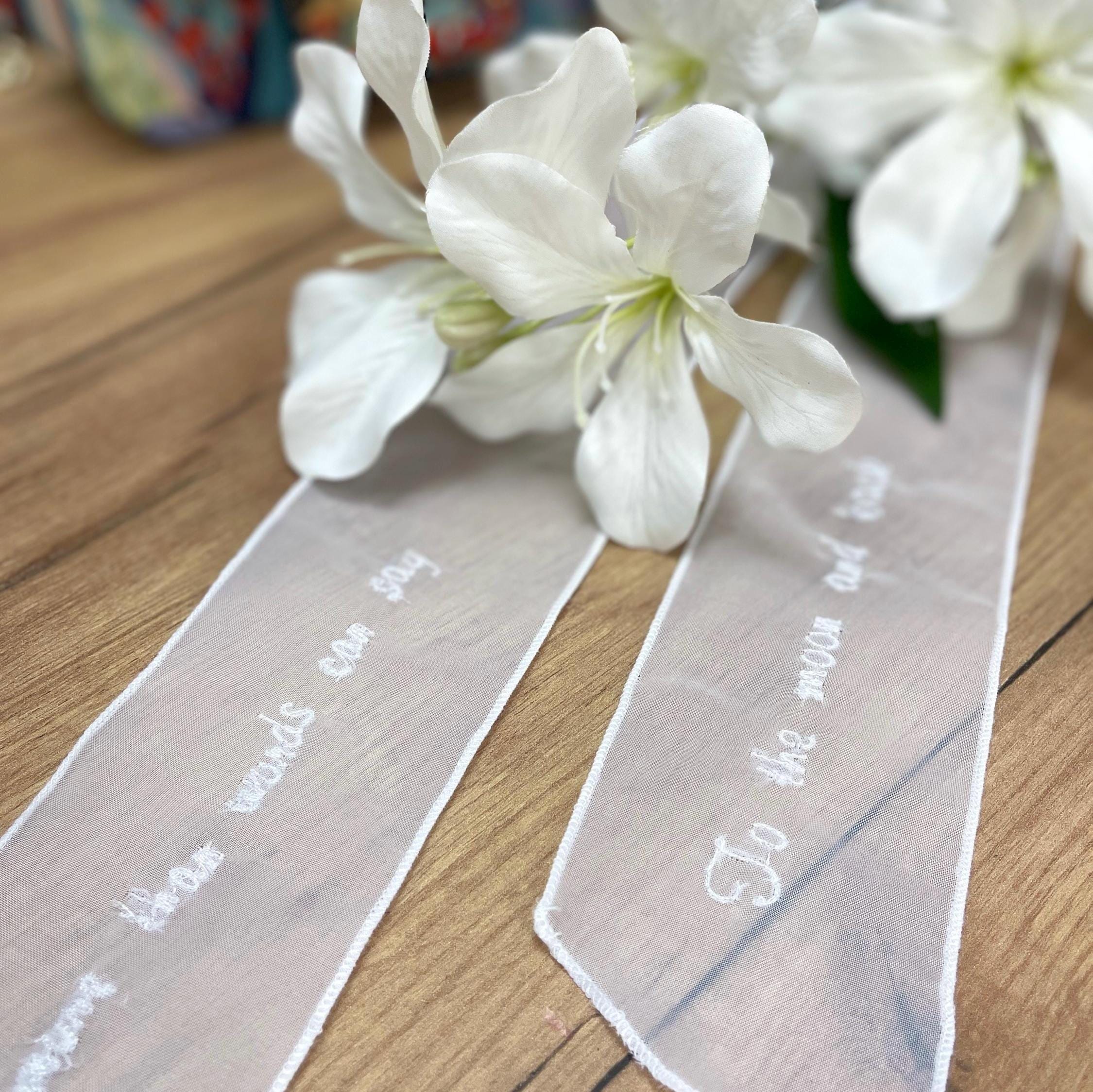 Custom Embroidered Wedding Bouquet Ribbon – Sheer Bow with Personalized Text or Date