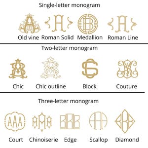 May include: A graphic showcasing various monogram styles in gold. The image is divided into sections for single, two, and three-letter monograms. Styles include Old Vine, Roman Solid, Chic, Block, and Court, among others. The text labels each style.
