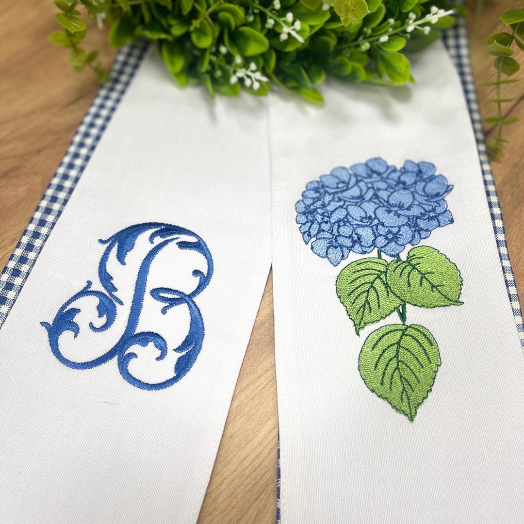 Personalized Monogram Sash | Summer Wreath Ribbon | Hydrangea Embroidered Wreath Sash - Hydrangea & monogram, Sahs