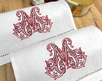 Custom Embroidered Linen Guest Towel with Vintage Monogram and Hand-Drawn Hemstitch